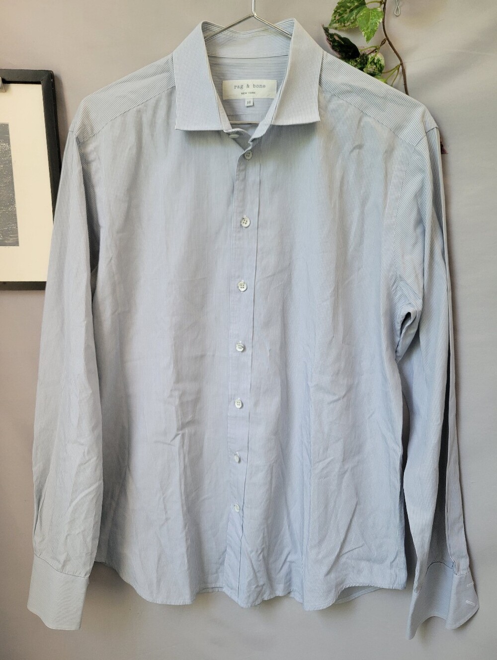 Rag & Bone Classic Oxford Pinstripe Button Up Dress Shirt Gray White 16